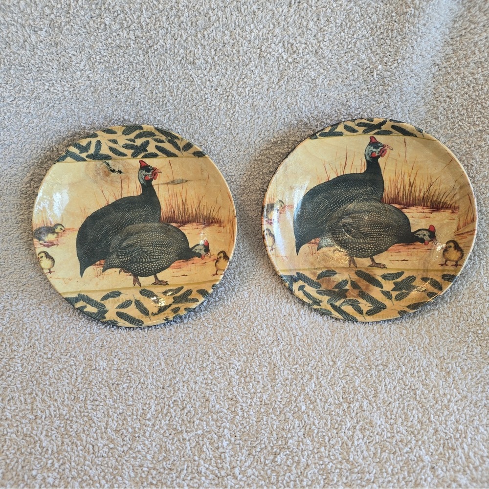 Set Of 2 Decorative Wooden Bowls With Guinea Fowl Hen Family Folk Art Farmhouse